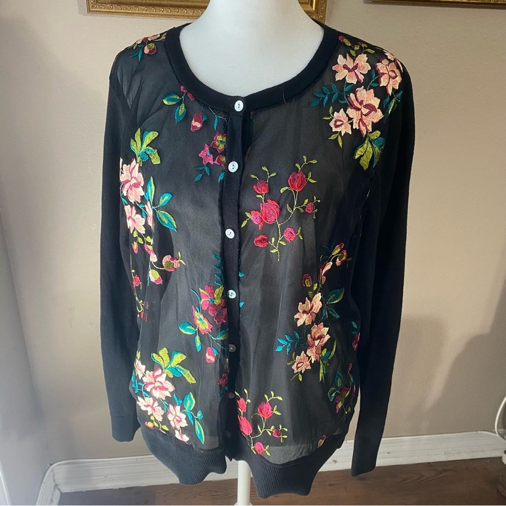 a.n.d ea wy Sheer Black SZ XXL Floral Embroidered Button Front Cardigan Sweater